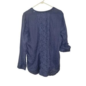 chico's 100% Linen Roll-Tab Button Down Shirt, Blouse, 1/M, Blue, EUC, Like New